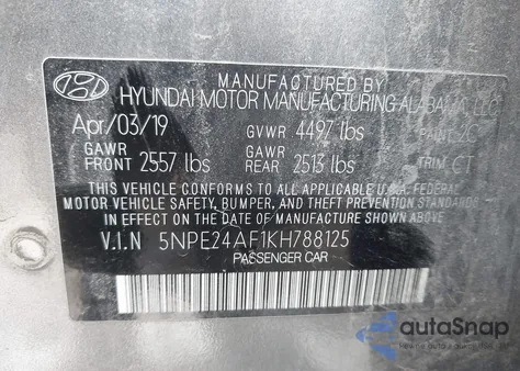 2019 Hyundai Sonata Se z USA, uszkodzony, nr VIN 5NPE24AF1KH788125